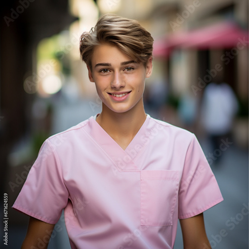 a 14 year old austrian boy working as a nurse, smiling, pink nurse gown, Hyper realistic photograph