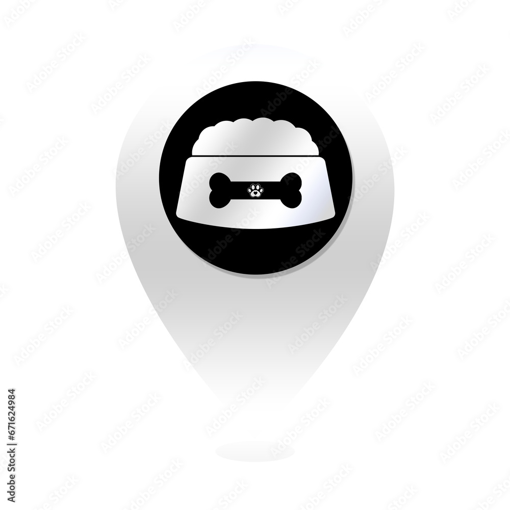 silver dog food bowl and bone location icon silver dog food bowl and bone location icon
