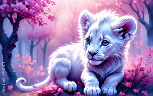 A white lion cub. Fantastic landscape in pink and blue tones.. AI