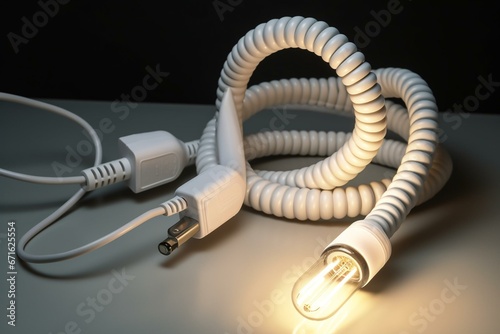 A coiled USB-C cable with a light bulb attached. Generative AI