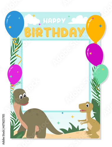 Happy Birthday Dino themed party concept for photo frame, poster, invitation, backdrop. Cartoon photo booth prop with cute T-rex, triceratops and Brachiosaurus. Flat style Vector illustration