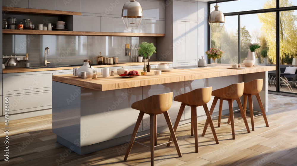 Simple and functional kitchen design with island and bar stools, the project is made of natural materials in light colors with open spaces and simple clean lines in the interior Simple and functional kitchen design with island and bar stools, the project is made of natural materials in light colors with open spaces and simple clean lines in the interior