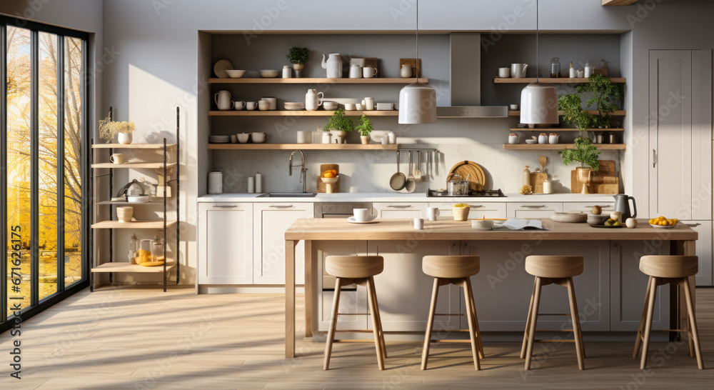 Minimalistic and functional kitchen design with island and bar stools, the project is made of natural materials in light colors with open spaces and simple clean lines in the interior