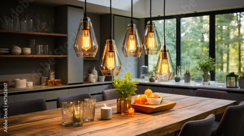 Interior details of a modern kitchen using glass and wood in the interior, designer lamps above the kitchen table, use of natural materials, simple and clean lines in design photo