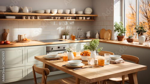 Interior details of a modern kitchen using natural materials and interior space of the room. Highlighting the dining area in the kitchen space with open shelves for dishes © Ed