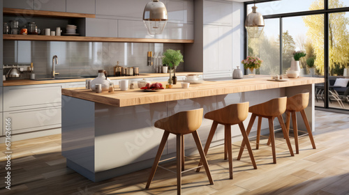 Simple and functional kitchen design with island and bar stools, the project is made of natural materials in light colors with open spaces and simple clean lines in the interior