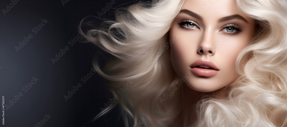 Young blonde woman with perfect make up on dark background. Hair cosmetics salon banner