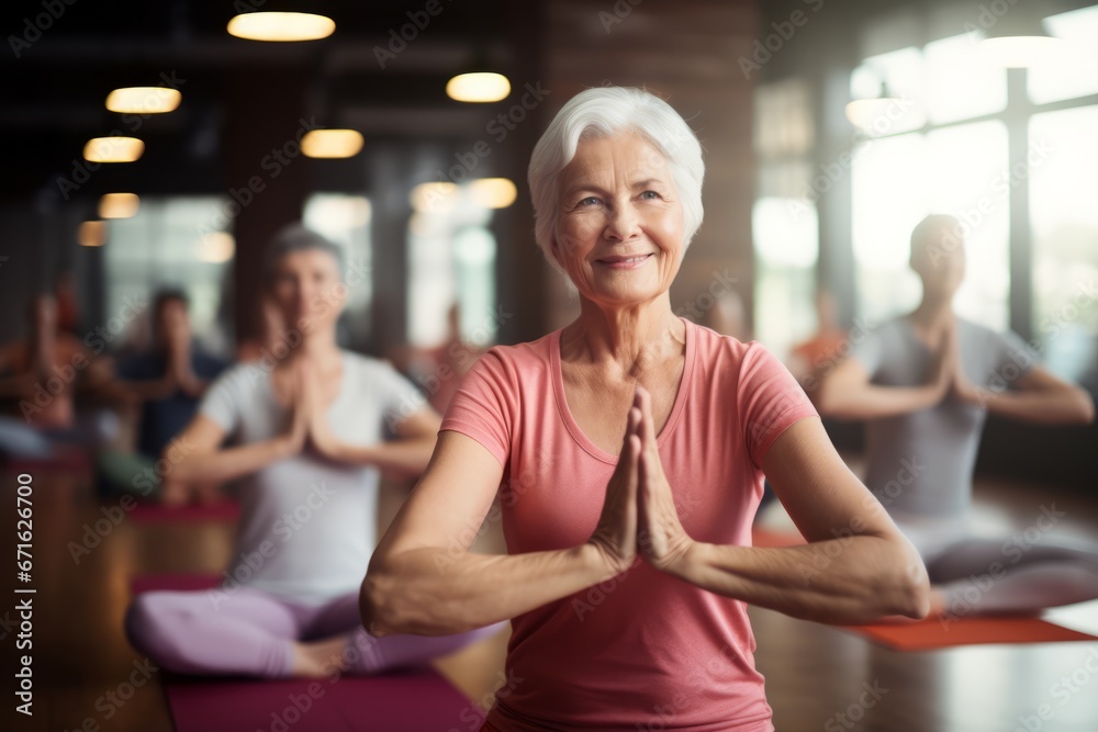 Joyful Senior woman practicing yoga at gym healthy class