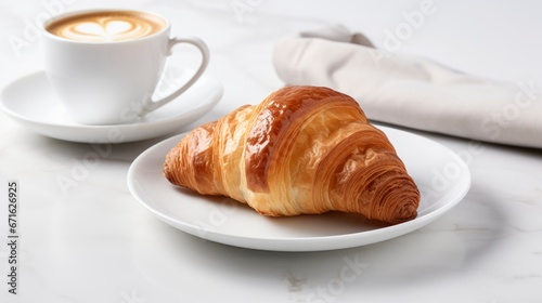 Classic Croissant on White Plate and Coffee