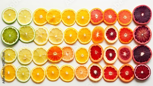 Dehydrated fruit slices, vivid in colors, spread out evenly on a flawless white surface.