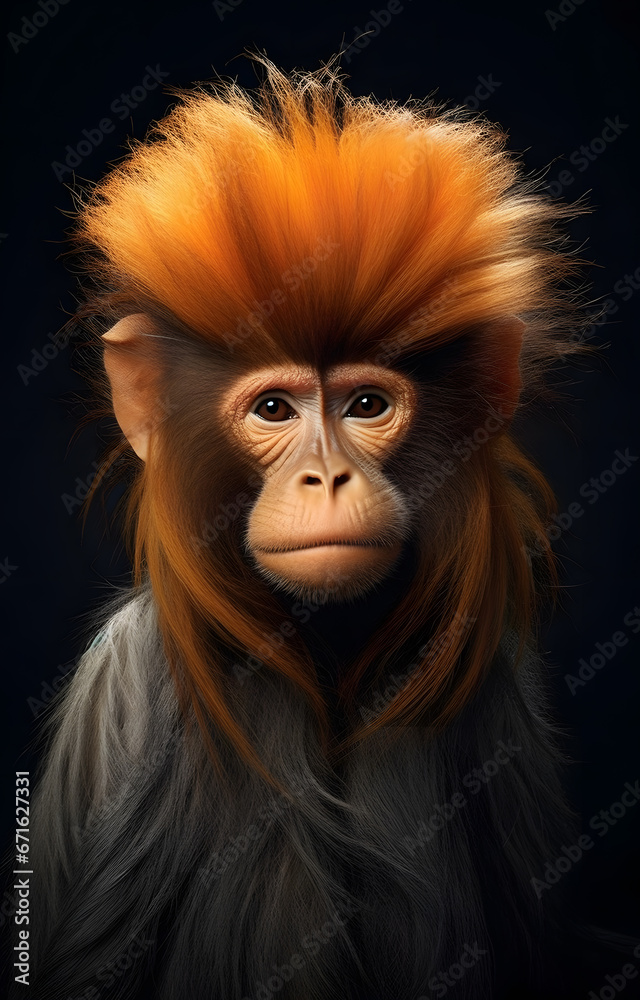 surreal and fantastical photo of monkey with a lion’s mane hairstyle. The hair is orange on top and gray on the bottom