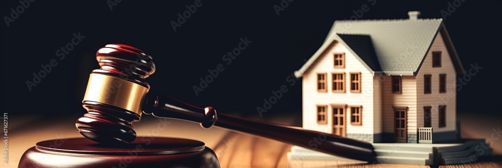 Real estate arbitration law. Gavel and house model. Banner Real estate arbitration law. Gavel and house model. Banner