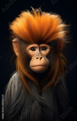 surreal and fantastical photo of monkey with a lion’s mane hairstyle. The hair is orange on top and gray on the bottom