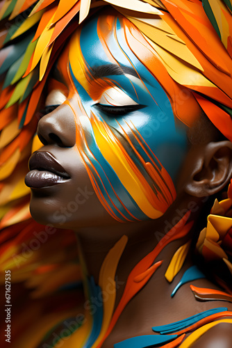 Close up portrait of a woman with mask and colorful abstract background with orange and blue tones.  © Emir