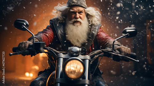 Modern Santa Claus riding a chopper motorcycle