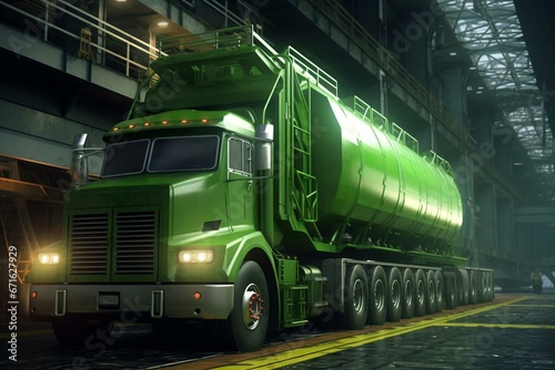 Green futuristic cargo truck parked at steamship port. Generative AI