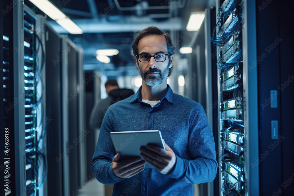 Fototapeta premium Portrait of serious mature engineer with a digital tablet, amidst rows of servers, in a datacenter. Concept of data storage, computation and cyber security