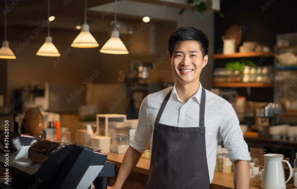Fototapeta premium Asian Man Cashier Attractive Setting Generative AI