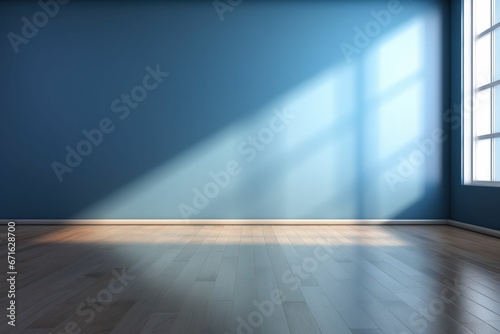 Interior scene for product presentation showing an empty room with a blue wall, AI-generated. © Wirestock