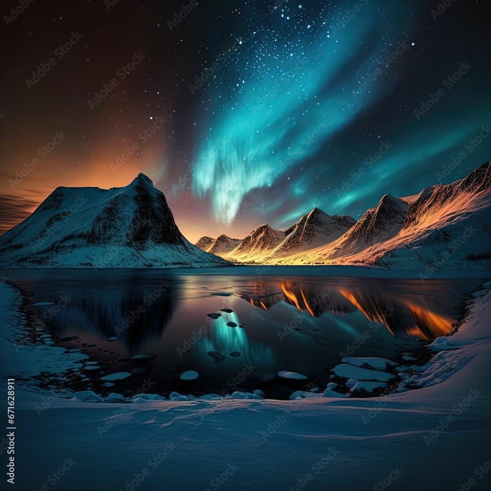 AI-generated illustration of a lake surrounded by rocky hills during the Northern Lights