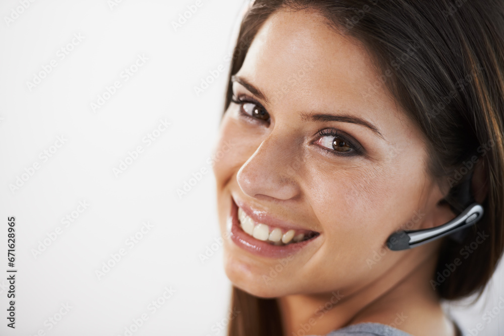 Woman, call center and telemarketing portrait for e commerce sales, communication and chat on a white background. Face of a young consultant or telecom agent with headphone for contact us in studio Woman, call center and telemarketing portrait for e commerce sales, communication and chat on a white background. Face of a young consultant or telecom agent with headphone for contact us in studio