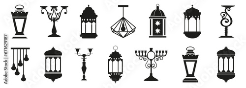 Lamp and candlestick icons. Silhouettes of candlesticks in black. Elegant vintage lamp icons. Candlestick lamp icons for religion celebration. Traditional candlestick icons