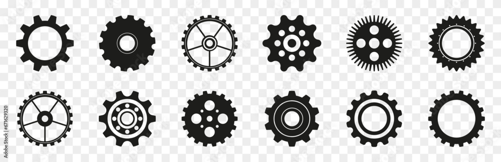 Gear icons in black. Set of simple gear signs. Black gear wheel icons on a transparent background. Gear wheel icon collection - obrazy, fototapety, plakaty 