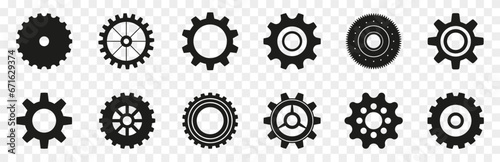 Gear icons in black. Set of simple gear signs. Black gear wheel icons on a transparent background. Gear wheel icon collection photo