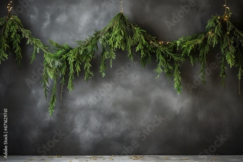 Garlands of fir branches hanging on a gray background