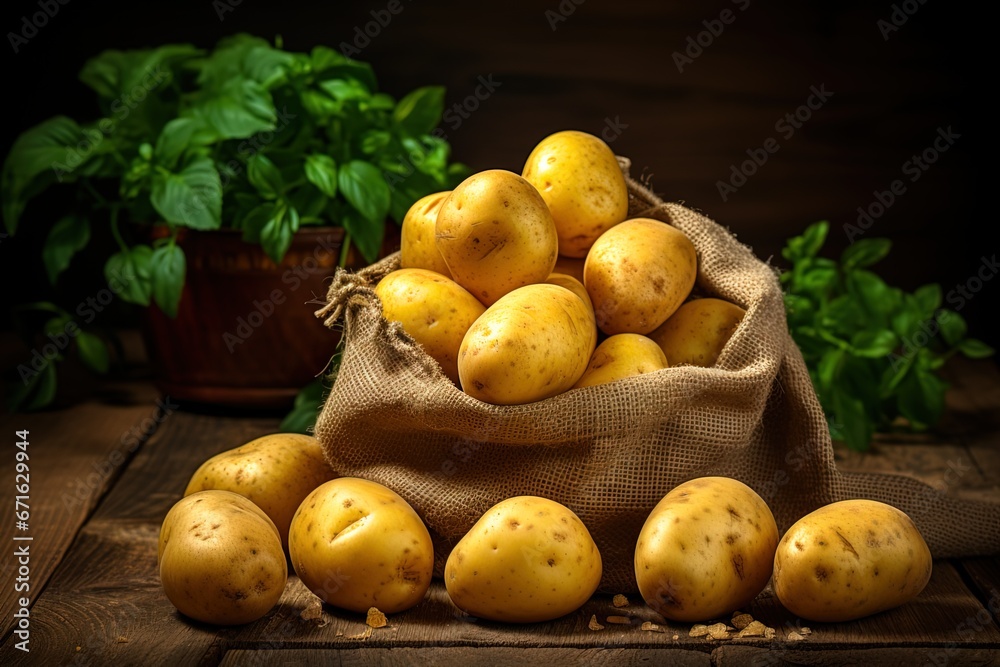 Pile of clean fresh potatoes in a burlap bag