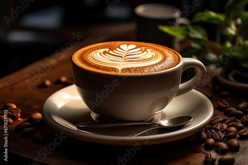 A cup of freshly prepared cappuccino with a pattern on the foam