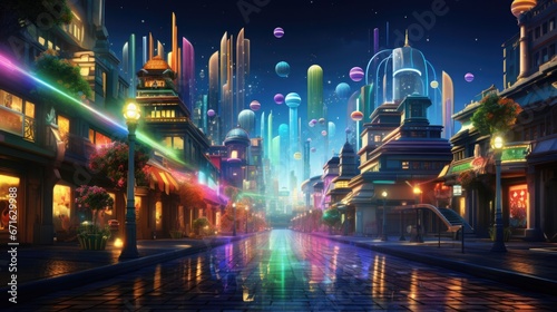A modern city street with buildings illuminated in green, and floating golden coins leading towards a neon rainbow. St Patrick vibe. © Татьяна Креминская