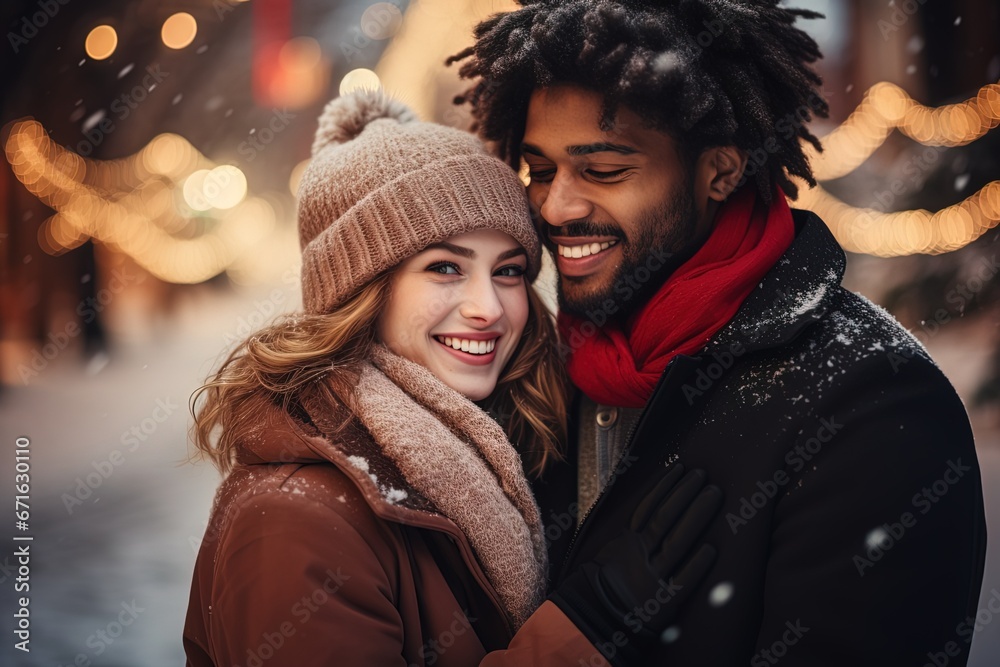 Young interracial couple of European and African men in love hugging and smiling in the winter city streets Young interracial couple of European and African men in love hugging and smiling in the winter city streets
