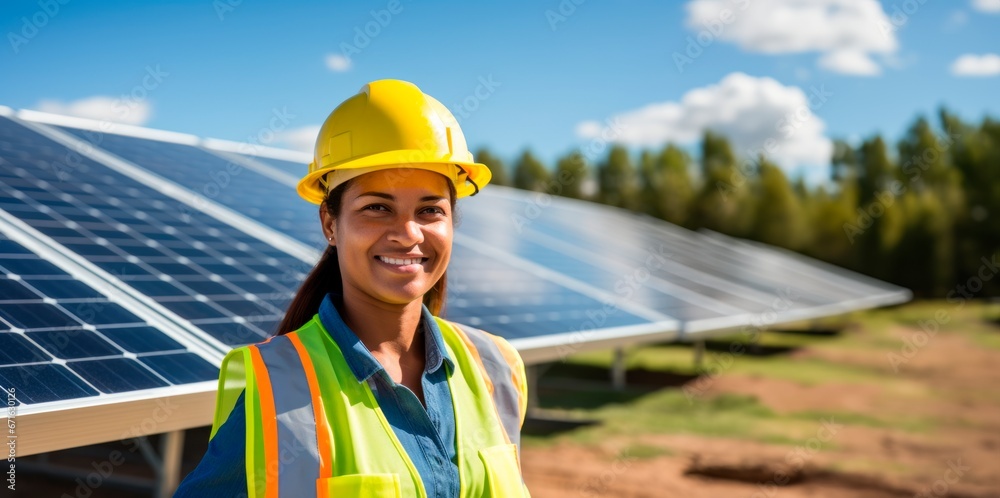 engineer woman in front of solar panels, copy space for text, clean energy concept, banner background engineer woman in front of solar panels, copy space for text, clean energy concept, banner background