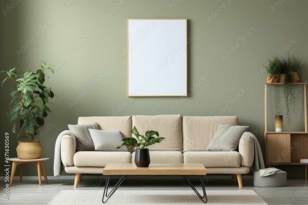 Modern interior design with poster artwork mock up template. Blank empty picture frame for poster or painting Modern interior design with poster artwork mock up template. Blank empty picture frame for poster or painting