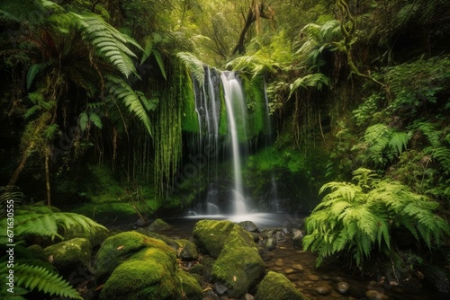 Waterfall surrounded by lush greenery and moss. Generative AI