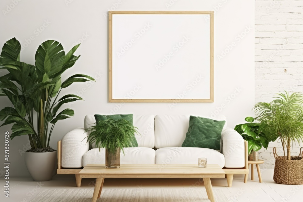 Modern interior design with poster artwork mock up template. Blank empty picture frame for poster or painting Modern interior design with poster artwork mock up template. Blank empty picture frame for poster or painting