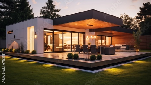 luxurious modern house exterior house illuminated by elegant lighting and garden in the evening photo