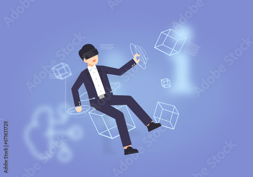 Metaverse technology concept. Man with VR virtual reality goggles. Futuristic lifestyle, vector illustrator.
