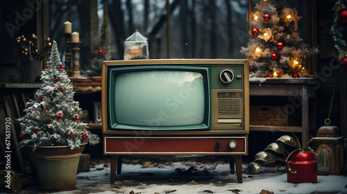 Vintage Christmas: A Room Adorned with Decorations and a Classic TV photo