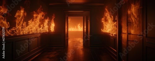 Blazing inferno in a hallway, Great for stories on crime, arson, firefighters and more. 