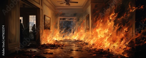 Blazing inferno in a hallway  Great for stories on crime  arson  firefighters and more. 