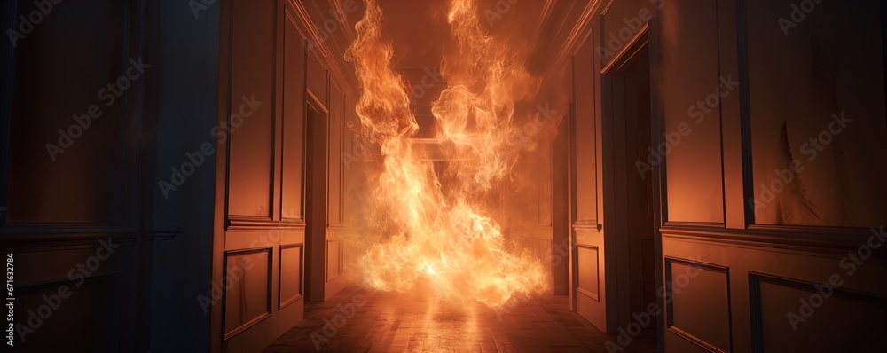 Fototapeta premium Blazing inferno in a hallway, Great for stories on crime, arson, firefighters and more. 