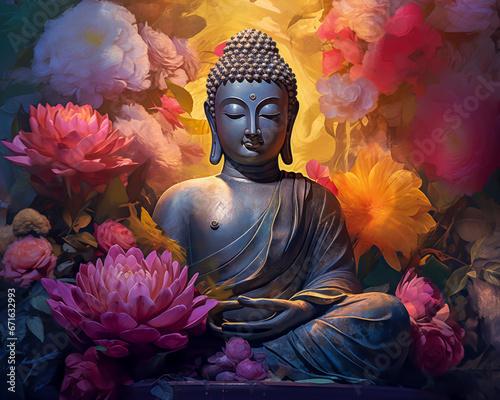buddha in colorful vintage style illustration. Abstract painting, oil painting