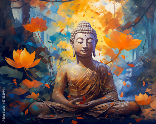 buddha in colorful vintage style illustration. Abstract painting, oil painting