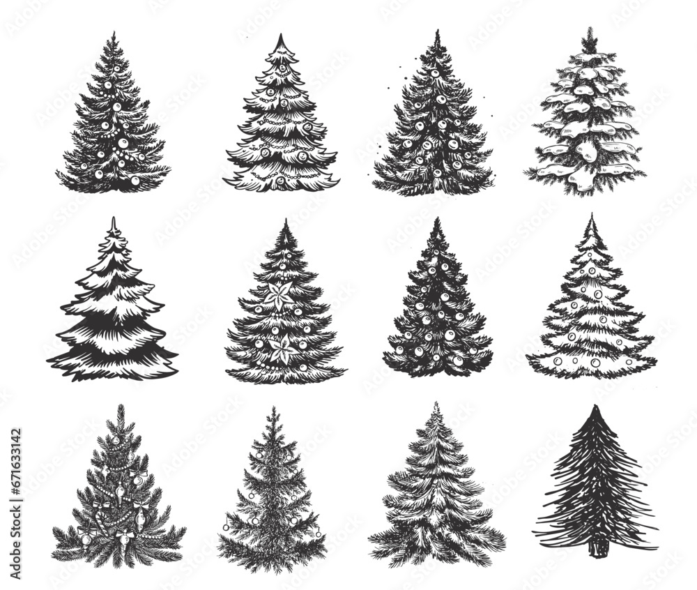 Christmas tree set hand drawn illustration	