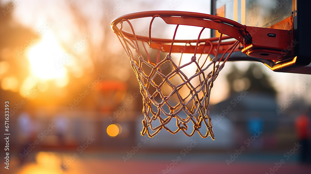 Hoops Up Close with sunset: Detailed View of a Basketball Net