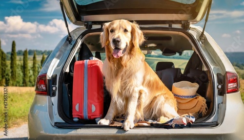 Golden retriever dog sitting in car trunk ready for a vacation trip