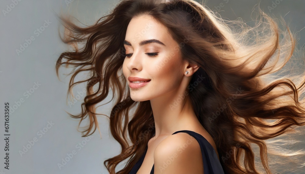 Profile Portrait of Beautiful Brunette Woman with Long Curly Hair Banner. generative. Hair Flying in the Wind. Copy Space