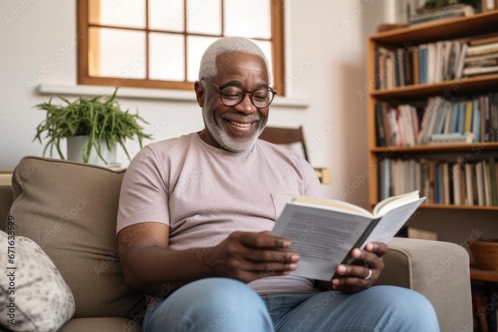 An elderly man in his 50s or 60s, sitting comfortably at home and enjoying a book, exuding a relaxed and happy lifestyle. An elderly man in his 50s or 60s, sitting comfortably at home and enjoying a book, exuding a relaxed and happy lifestyle.